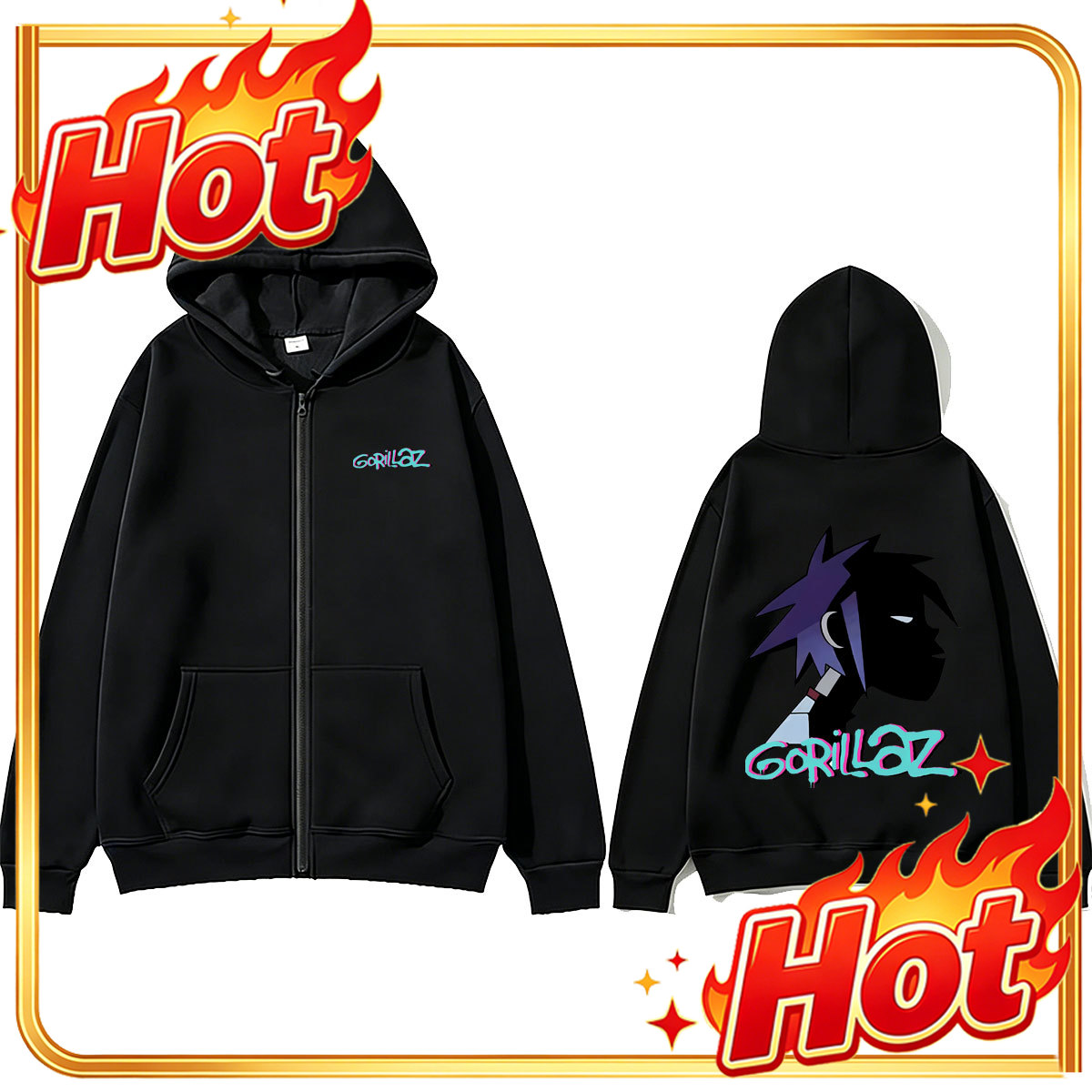 Mens Fashion Zip Up Hoodies - Rock Band Gorillaz Face Graphic Zipper