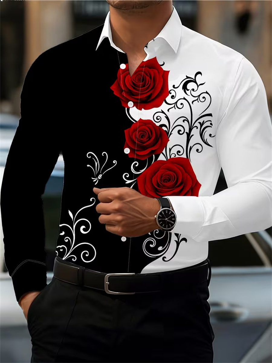 Men's Red Rose Print Long-Slee - Mens Fashion Clothes review and price