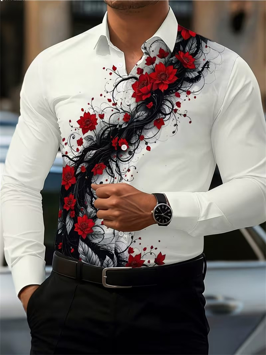 Men's Red Rose Print Long-Slee - Mens Fashion Clothes review and price